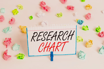 Word writing text Research Chart. Business photo showcasing it represents a set of numerical or qualitative data Colored crumpled papers empty reminder white floor background clothespin