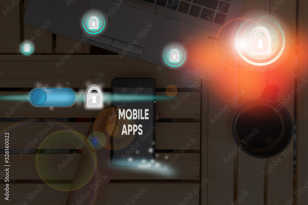 Poster word writing text mobile apps. business photo showcasing application software designed to run on a m