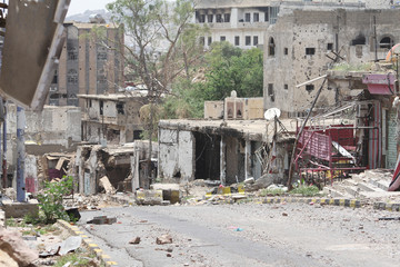 Houses destroyed by war in the city of Taiz, Yemen