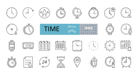 Set of 28 time icons with editable stroke. Linear icon of clock, wall, cuckoo, hourglass, fitness tracker, alarm clock, calendar with event reminder, stopwatch. Vector illustration on white background