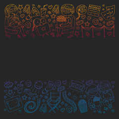 Cinema pattern with vector icons for wrapping paper, posters, banners, leaflets. 3d movie, tv, musical.
