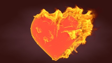 Heart shape with realistic fire. Burning symbol with flames. Abstract valentine's day background. 3d rendering.