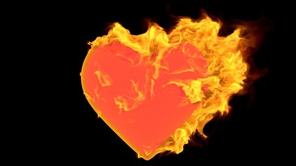 Heart shape with realistic fire. Burning symbol with flames. Abstract valentine's day background. 3d rendering.