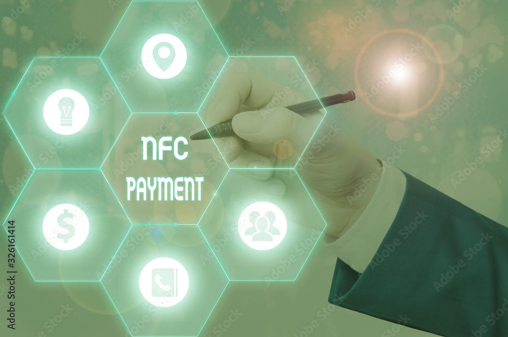 Poster writing note showing nfc payment. business concept for contactless payment that use nearfield commun