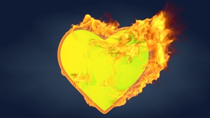 Heart shape with realistic fire. Burning symbol with flames. Abstract valentine's day background. 3d rendering.