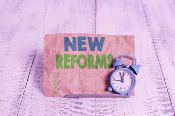 Handwriting text writing New Reforms. Conceptual photo to amend or improve by change of form or...