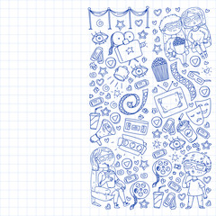 Cinema pattern with vector icons for wrapping paper, posters, banners, leaflets. 3d movie, tv, musical.