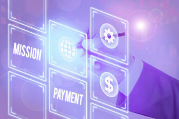 Text sign showing Mission Payment. Business photo text Compensation Discharge or perforanalysisce...