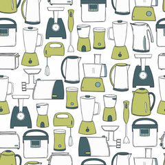 Hand drawn kitchen appliances. Vector seamless pattern