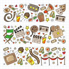 Cinema pattern with vector icons for wrapping paper, posters, banners, leaflets. 3d movie, tv, musical.
