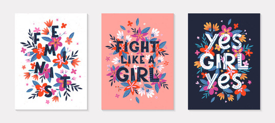 Set of girly vector illustrations; stylish print for t shirts; posters; cards and prints with flowers and floral elements.Feminism quotes and woman motivational slogans.Women's movement concepts. - obrazy, fototapety, plakaty