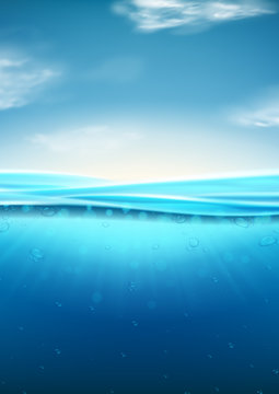 Sea landscape with underwater space. Vector illustration with deep underwater ocean scene. Background with realistic clouds and wavy water surface.