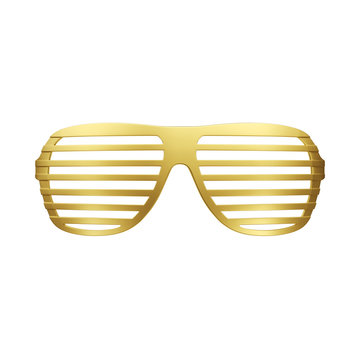 Gold shutter shade sunglasses isolated on white background. Trendy fashion style. Minimal design art. 3d illustration.