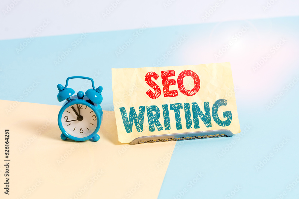 Poster writing note showing seo writing. business concept for grabbing the attention of the search engines 