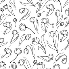 Vector tulip white line seamless pattern. Tulip seamless pattern, vector seamless background. Decorative vector seamless illustration, good for printing. Great for label, print, packaging, fabric.