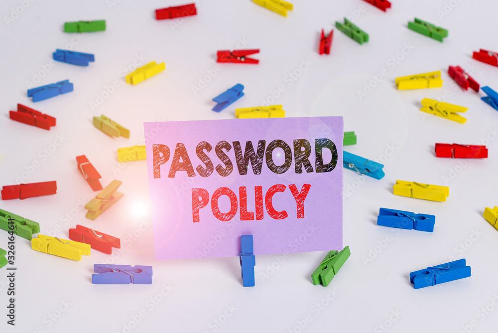 Poster word writing text password policy. business photo showcasing first line of protection against any un