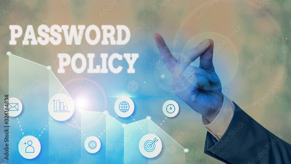 Poster writing note showing password policy. business concept for first line of protection against any unau