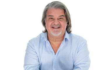 Man studio headshot isolated in white. He is in his 50s, has long hair and beard with gray hair. He...