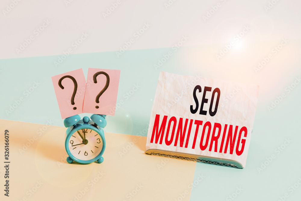 Poster writing note showing seo monitoring. business concept for the process of optimizing the visibility o