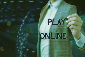 Writing note showing Play Online. Business concept for a video game played over some form of...