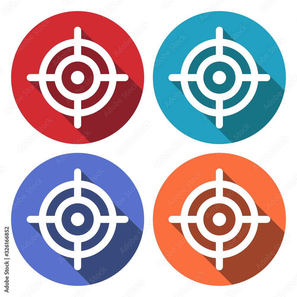 Poster flat white target web icon with long drop shadow on colours circles