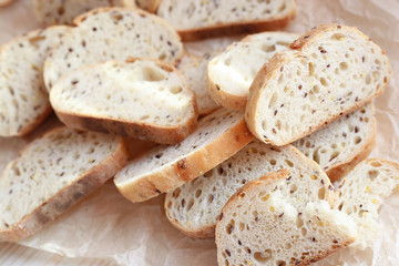 Sliced homemade bread with sesame and flax seeds