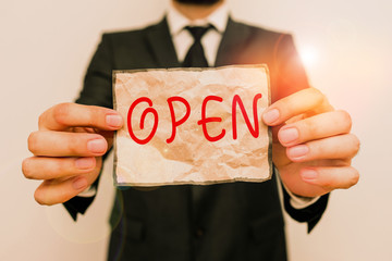 Word writing text Open. Business photo showcasing New Beginning Business venture Passage Allowing...