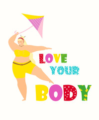 Plus size blonde woman in swimsuit dancing with parasol near love your body lettering. Body positive concept. Isolated on white. Flat vector illustration.