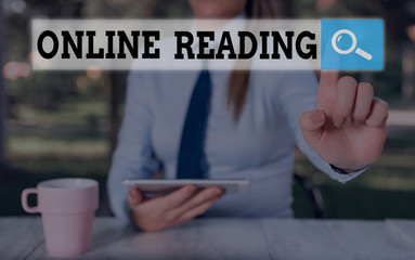 Word writing text Online Reading. Business photo showcasing process of extracting meaning is in a...