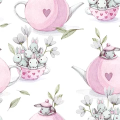 Printed kitchen splashbacks Watercolor set 1 Cute baby rabbit animal with flower in pink teapot ahd cup seamless pattern, illustration for children clothing.  Hand drawn watercolor image for cases design, nursery posters, postcards, print.