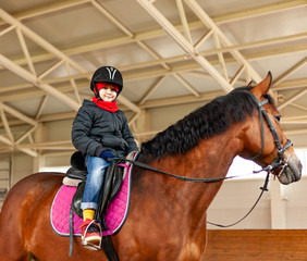 young jockey boy riding horse, horseback training on manege, lesson for young jockey in equestrian school or club, pet animal