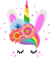 Cute colorful rainbow horn unicorn with flowers