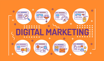 Digital marketing word lettering typography. SEO, website strategy. Infographics with linear icons on yellow background. Creative idea concept. Isolated outline color illustration