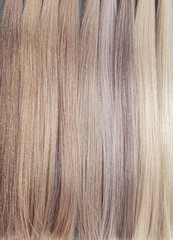 A palette of shades of dyes for blonde hair in a beauty salon.