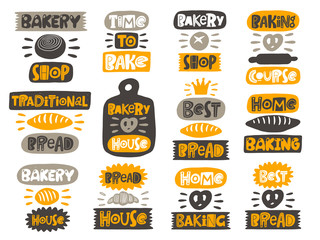 Fototapeta premium Bakery icon set. Colored hand drawn baking lettering collection. Handwritten quote sketch typography. Vector inscription slogan. Bread poster, card, print design. Baked products shop logo.