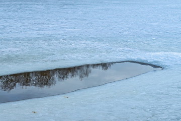 An ice hole in a frozen pond begins to melt. Trees and sky are reflected in the water. Spring is coming. Russia