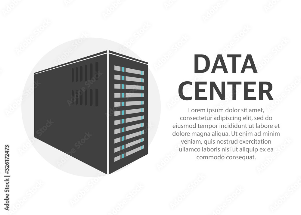 Poster data center. network servers computer hardware technology decorative elements. vector illustration.