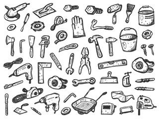 Hand drawn grunge style building set. Repair symbols doodle collection. Home remodel vector elements. Construction illustrations kit. Drill, blade, bruch, saw, glove, scotch.