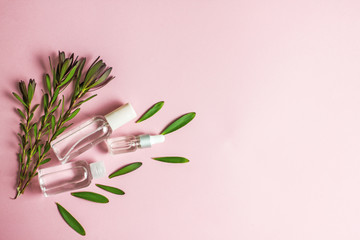 Organic cosmetics concept.Green cosmetics, body care products Transparent cosmetic bottles with lotion and serum surrounded by plant branches with green leaves on a pink background, top view.