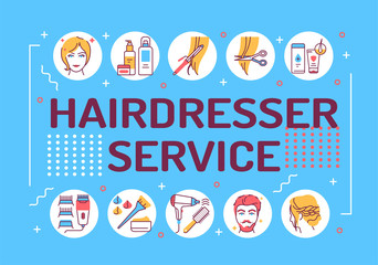 Hairdresser service word lettering typography. Professional hair styling. Infographics with linear icons on blue background. Creative idea concept. Isolated outline color illustration