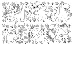 Pattern kids fabric, textile, nursery wallpaper. Vector illustration. Hand drawn dinosaurs, dino for little children.