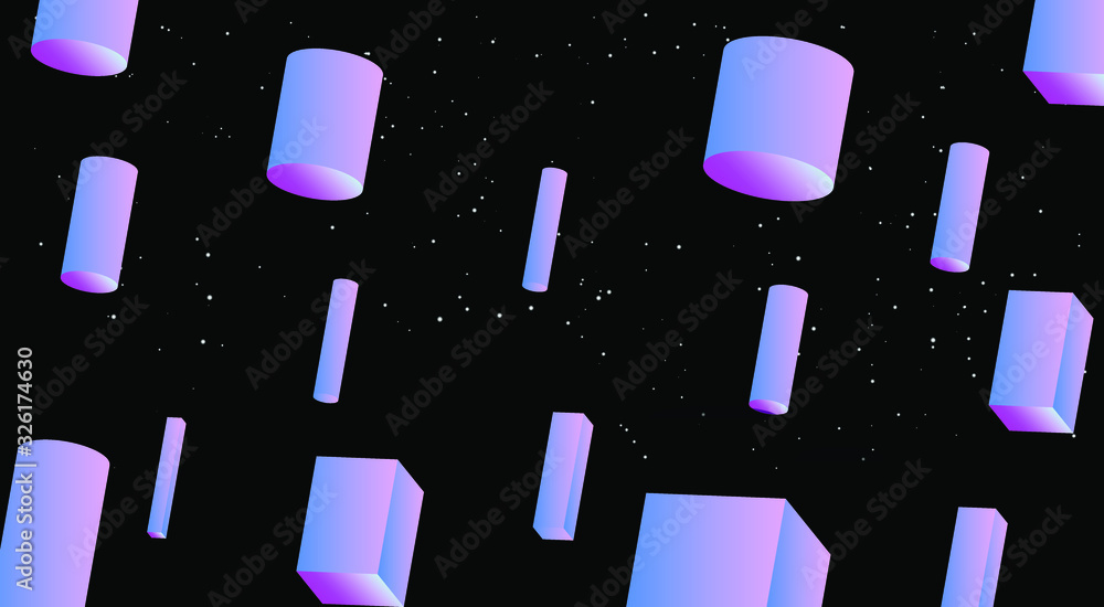 Poster floating 3d neon shapes on dark background. abstract illustration in retrowave and vaporwave style.