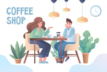 Young couple enjoying coffee together in a Coffee Shop or Cafe seated at a table talking between potted plants, vector illustration