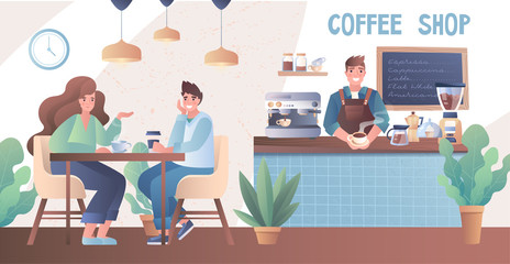 Fototapeta na wymiar Young couple seated at a table drinking in a coffee shop as a smiling barista stands behind the counter in a colorful vector illustration