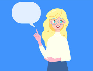 Smiling  blonde woman is looking at the camera, next to her is a text comic bubble. Business woman makes a presentation, confident, training. Expert consultation