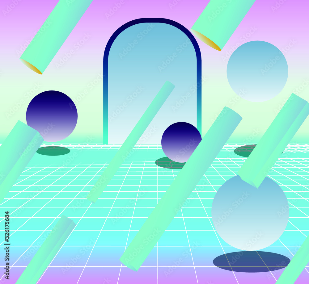 Poster Retrofuturistic landscape with floating 3D neon shapes in zero gravity above endless laser grid. Abstract illustration in retrowave and vaporwave style.