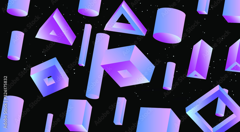 Poster floating 3d neon shapes on dark background. abstract illustration in retrowave and vaporwave style.