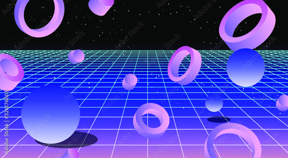 Poster Retrofuturistic virtual reality landscape with perspective laser grid and floating in zero gravity neon shapes. 