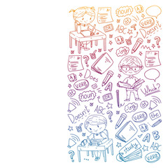 English school for children. Learn language. Education vector illustration. Kids drawing doodle style image.