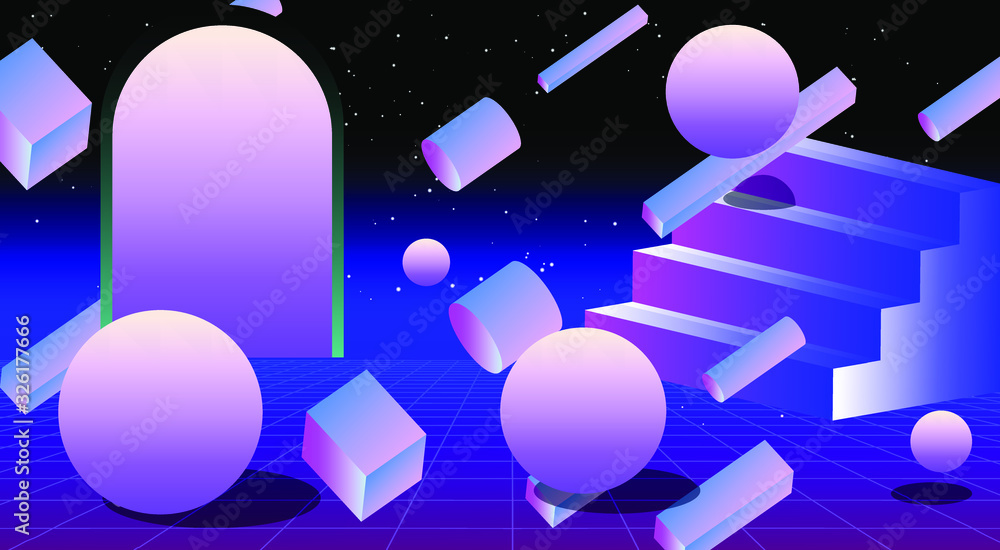 Poster surreal retrowave and vaporwave style illustration with staircase and arch on endless laser grid.